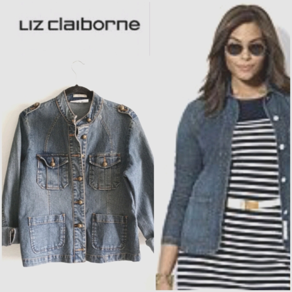 Liz Claiborne Military Style Denim Jacket Sz 1X